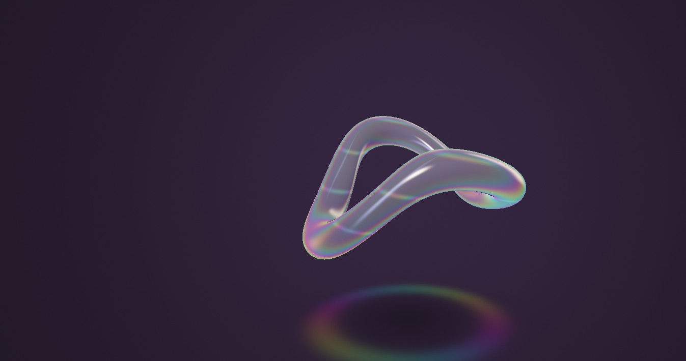 A folded loop of spectral glass suspended in a dark gallery